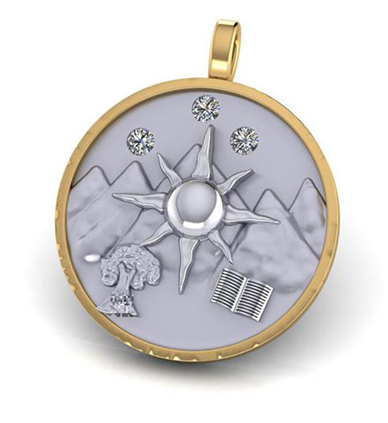 Custom pendant with tree, mountain, sun, book, and 3 diamonds