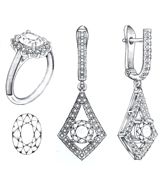 Concept of custom ring and earrings