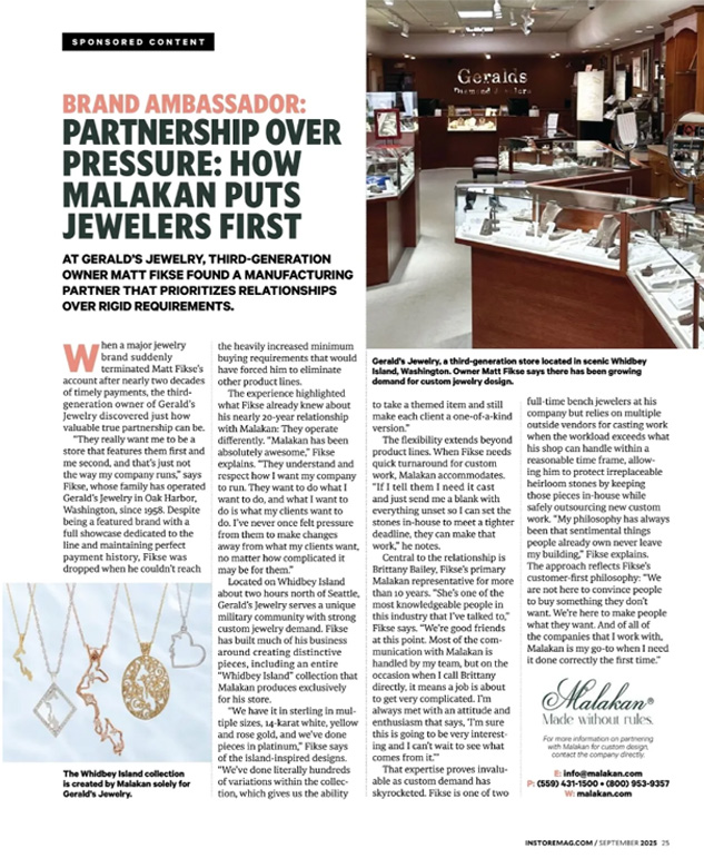 Gerald's Jewelry article detailing relationship with Malakan