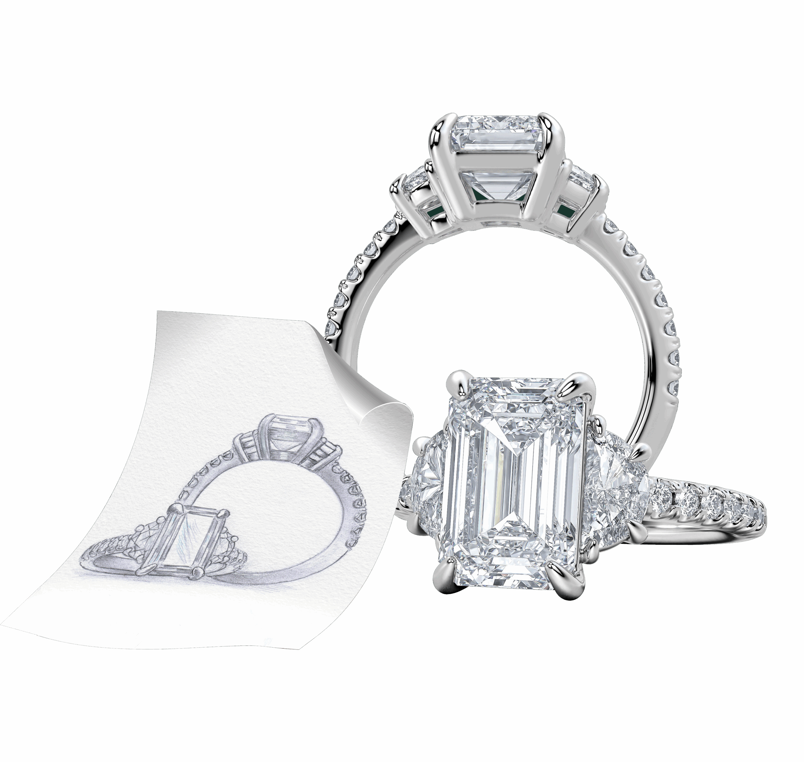 paper sketch and finished picture of emerald cut ring