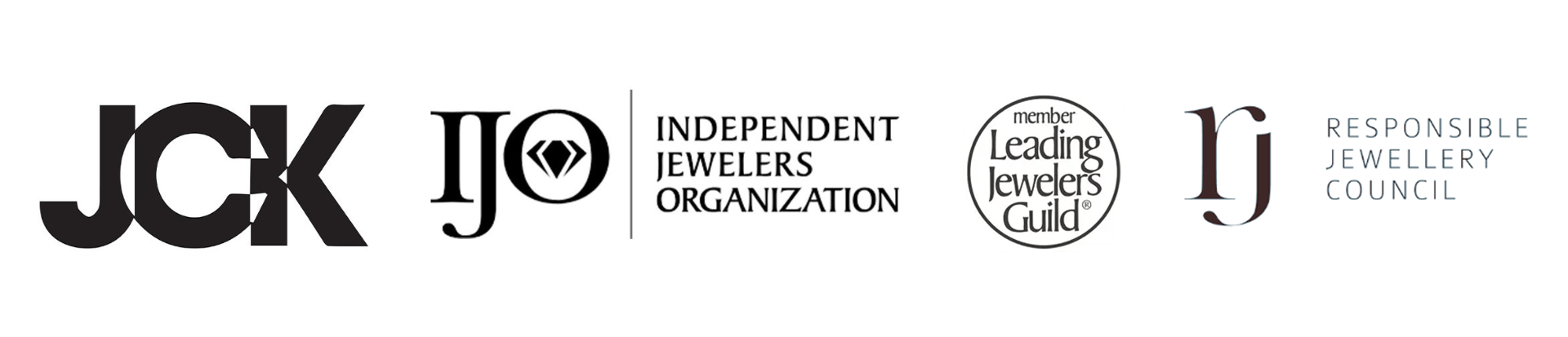Logos of Malakan's industry associations: JCK, IJO Independent Jewelers Organization, LJG Leading Jewelers Guild, RJ Responsible Jewellery Council