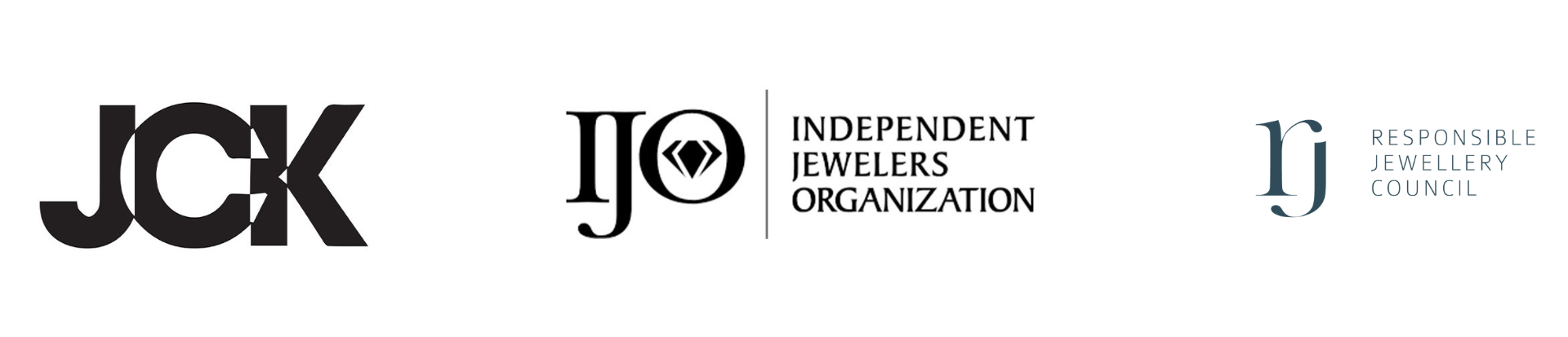 Logos of Malakan's industry associations: JCK, IJO Independent Jewelers Organization, RJ Responsible Jewellery Council
